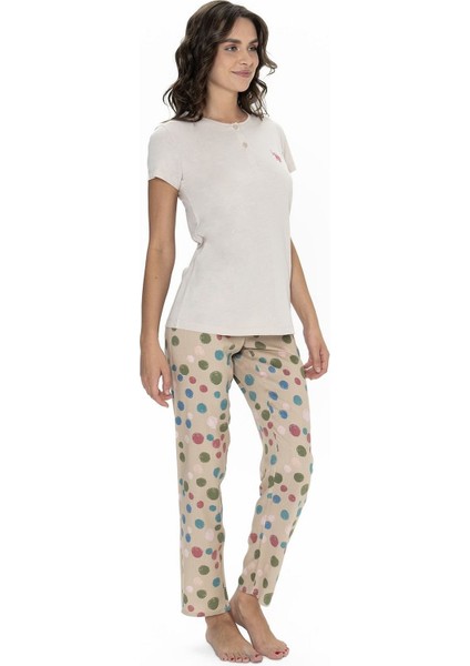 20094 Kadın Kısa Kollu Yakası Yarım Düğmeli Pijama Takımı-Bej