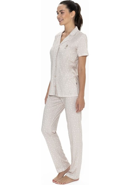 20051 Kadın Kısa Kollu Gömlek Pijama Takım-Bej