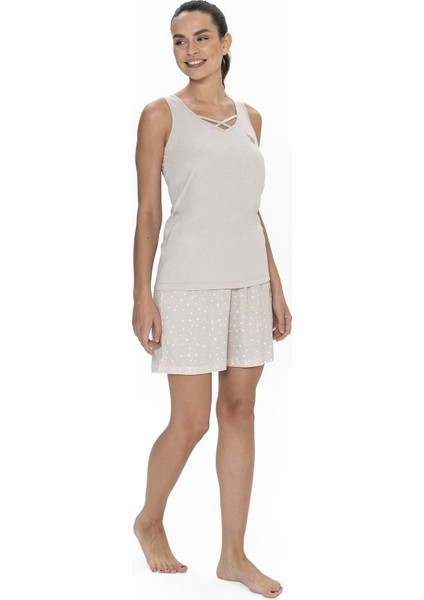 U.s Polo Assn. 20053 Kadın Kalın Askılı Bisiklet Yaka Şortlu Pijama Takımı-Bej fiyatları