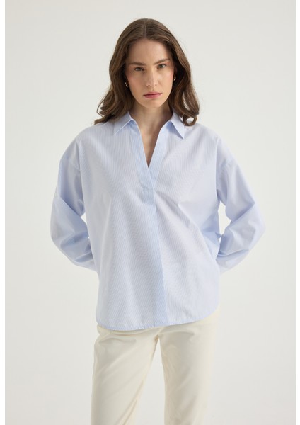 Mavi Çizgili Popover Bluz