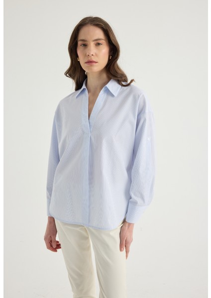 Mavi Çizgili Popover Bluz