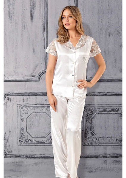 1855 Kadın Saten Kısa Kollu Pijama TakımıBeyaz