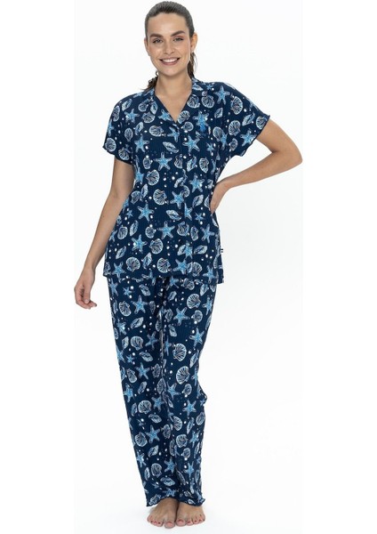 20084 Kadın Kısa Kollu Gömlek Pijama Takım-Lacivert