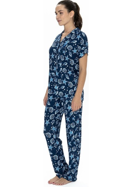 20084 Kadın Kısa Kollu Gömlek Pijama Takım-Lacivert fiyatları
