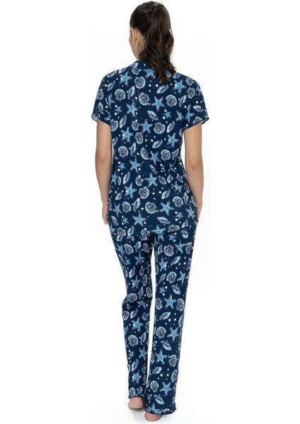 20084 Kadın Kısa Kollu Gömlek Pijama Takım-Lacivert fırsatları