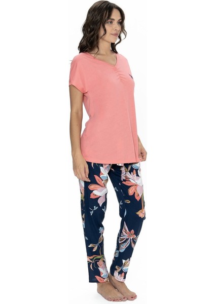 20100 Kadın Kısa Kollu Bisiklet Yaka Pijama Takımı-Pembe