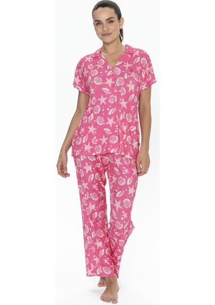 20084 Kadın Kısa Kollu Gömlek Pijama Takım-Fuşya