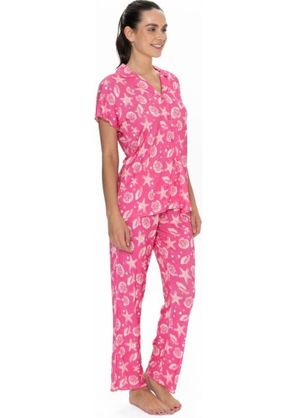 20084 Kadın Kısa Kollu Gömlek Pijama Takım-Fuşya fiyatları