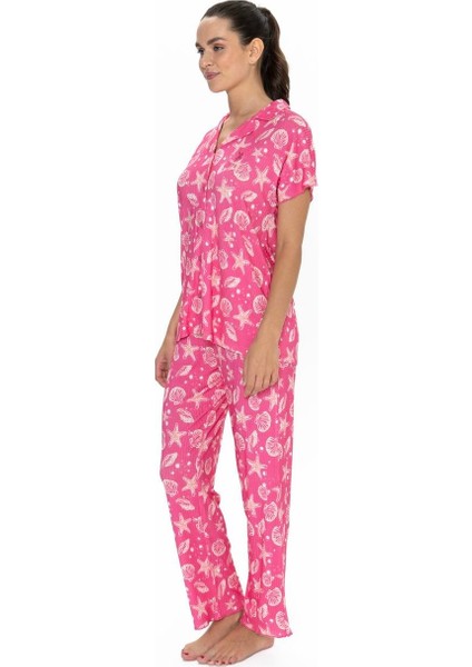 20084 Kadın Kısa Kollu Gömlek Pijama Takım-Fuşya modelleri