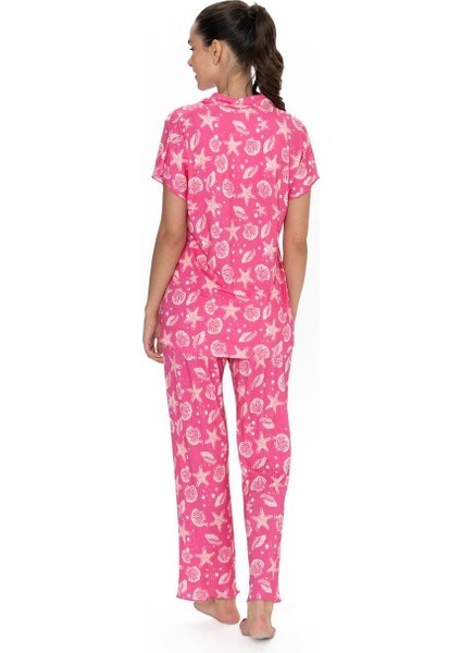 20084 Kadın Kısa Kollu Gömlek Pijama Takım-Fuşya fırsatları