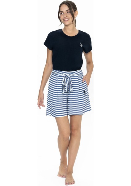 20034 Kadın Kısa Kollu Bisiklet Yaka Şortlu Pijama Takımı-Lacivert