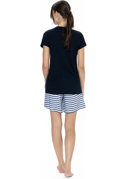 20034 Kadın Kısa Kollu Bisiklet Yaka Şortlu Pijama Takımı-Lacivert fırsatları