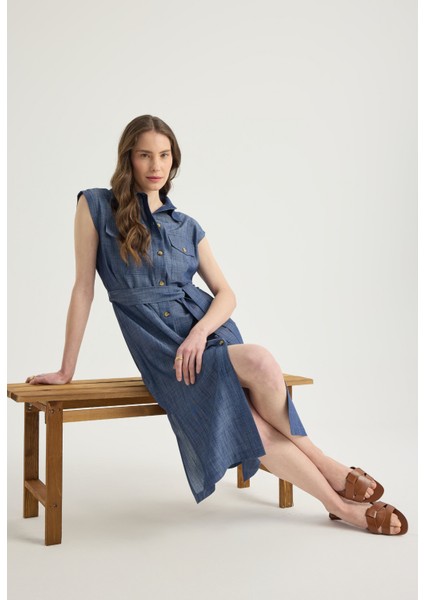 Denim Görünümlü Midi Elbise