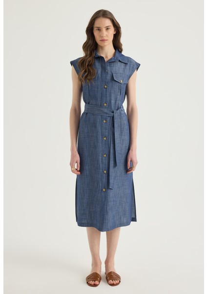 Denim Görünümlü Midi Elbise