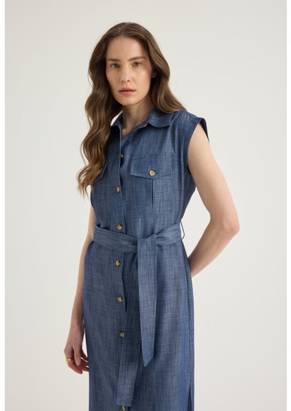 Denim Görünümlü Midi Elbise