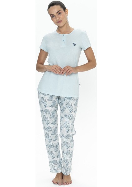 20088 Kadın Kısa Kollu Yakası Yarım Düğmeli Pijama Takımı-Mavi