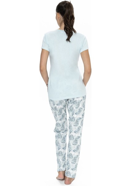 20088 Kadın Kısa Kollu Yakası Yarım Düğmeli Pijama Takımı-Mavi fırsatları