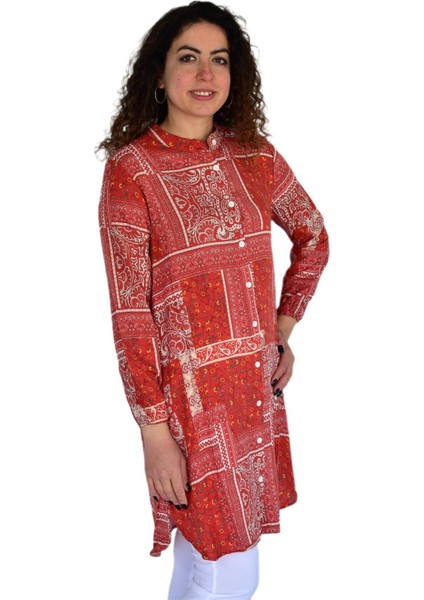 Kadın Uzun Pano Baskılı Desen Viscon Bluz BGL-ST04295