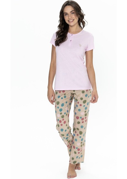 20094 Kadın Kısa Kollu Yakası Yarım Düğmeli Pijama Takımı-Lila