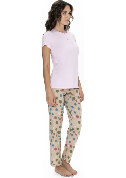 20094 Kadın Kısa Kollu Yakası Yarım Düğmeli Pijama Takımı-Lila