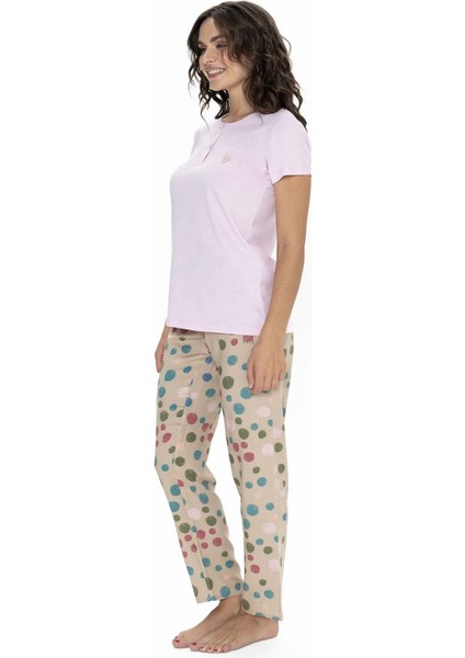 20094 Kadın Kısa Kollu Yakası Yarım Düğmeli Pijama Takımı-Lila