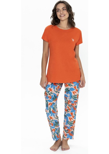 20097 Kadın Kısa Kollu Bisiklet Yaka Pijama Takımı-Turuncu