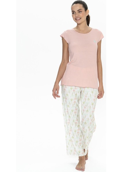 20079 Kadın Kısa Kollu Bisiklet Yaka Pijama Takımı-Somon