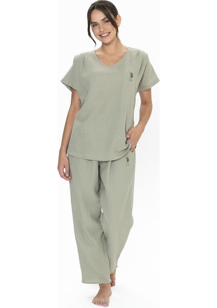 U.s Polo Assn. 20015 Kadın Muslin Kumaş Kısa Kollu V Yaka Pijama Takım-Haki