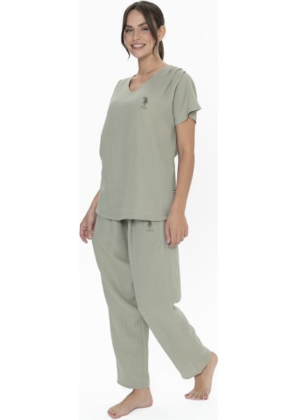 U.s Polo Assn. 20015 Kadın Muslin Kumaş Kısa Kollu V Yaka Pijama Takım-Haki fiyatları