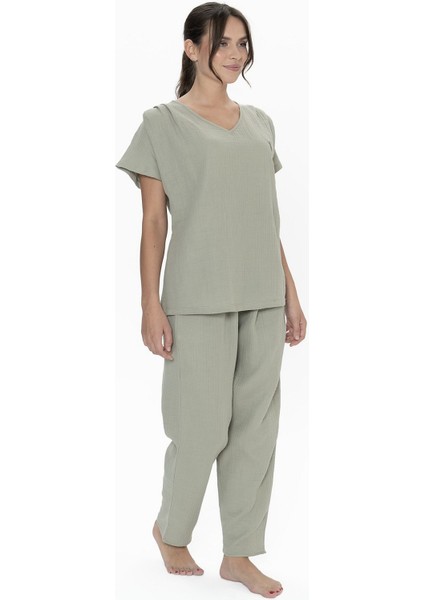 U.s Polo Assn. 20015 Kadın Muslin Kumaş Kısa Kollu V Yaka Pijama Takım-Haki modelleri