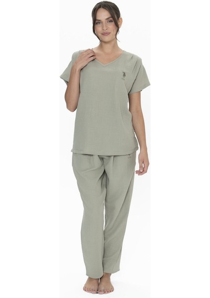 U.s Polo Assn. 20015 Kadın Muslin Kumaş Kısa Kollu V Yaka Pijama Takım-Haki fırsatları
