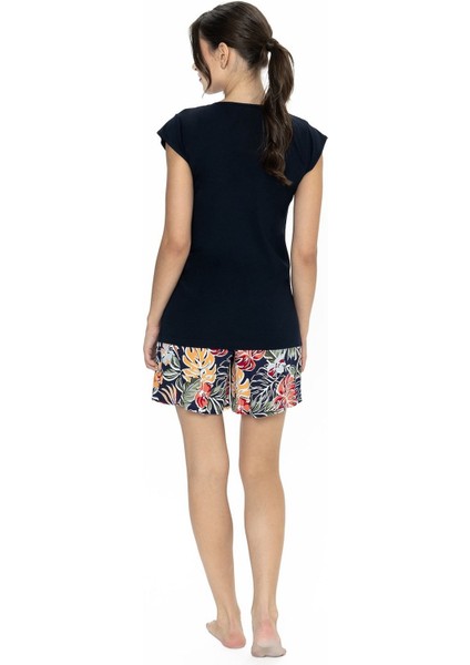 20027 Kadın Kısa Kollu Bisiket Yaka Şortlu Pijama Takımı-Lacivert fırsatları