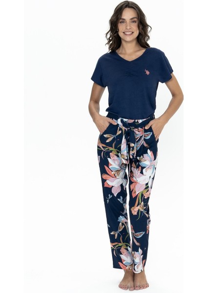 20100 Kadın Kısa Kollu Bisiklet Yaka Pijama Takımı-Lacivert