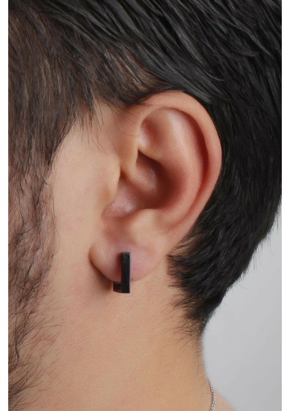 Erkek Siyah Çelik Kare Küpe