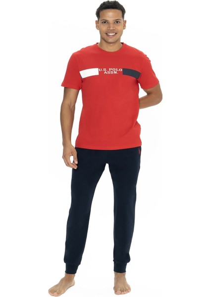 18888 Erkek Kısa Kollu Bisiklet Yaka Paçası Lastikli Pijama Takımı-Kırmızı