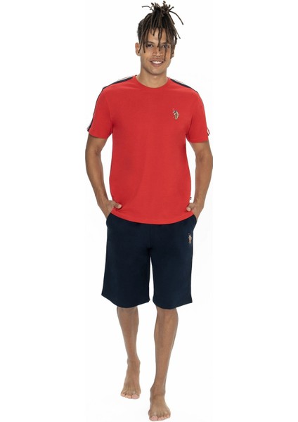 18868 Erkek Kısa Kollu Bisiklet Yaka Şortlu Pijama Takımı-Kırmızı