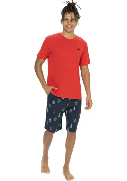 18867 Erkek Kısa Kollu Bisiklet Yaka Şortlu Pijama Takımı-Kırmızı