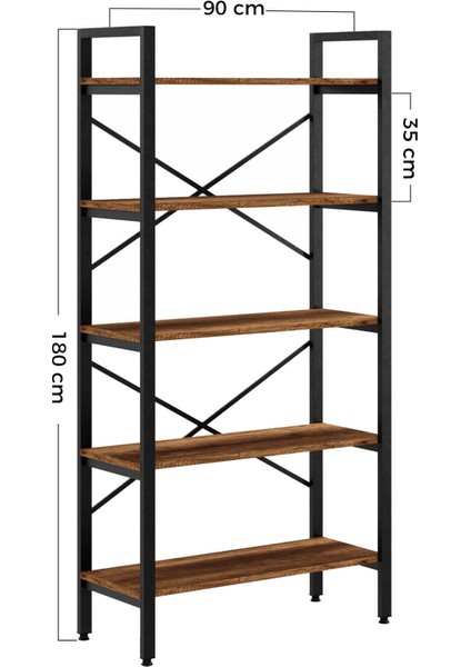Kt-2 Metal Dekoratif 5 Raflı Kitaplık, Çalışma Odası ve Ofis Kitaplığı