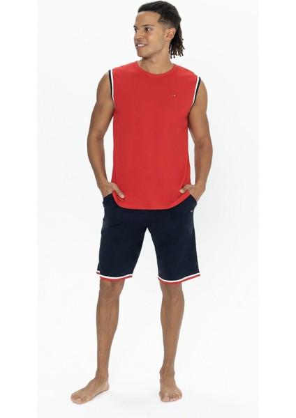 18872 Erkek Kolsuz Bisiklet Yaka Şortlu Pijama Takımı-Kırmızı