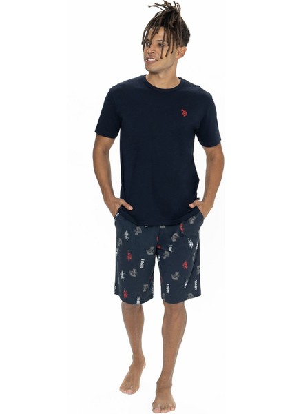 18867 Erkek Kısa Kollu Bisiklet Yaka Şortlu Pijama Takımı-Lacivert