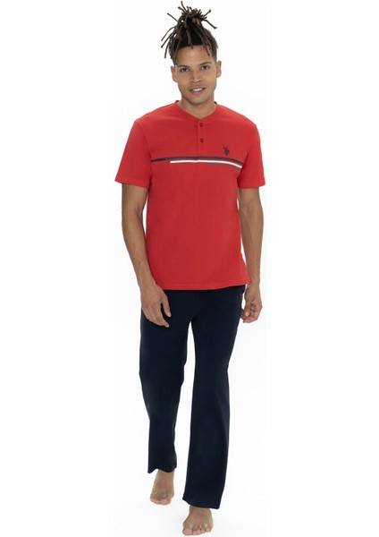 U.s Polo Assn. 18901B Erkek Büyük Beden Kısa Kollu Yakası Düğmeli Pijama Takımı-Kırmızı