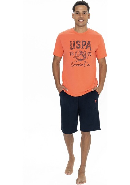 U.s Polo Assn. 18877 Erkek Kısa Kollu Bisiklet Yaka Şortlu Pijama Takımı-Mercan