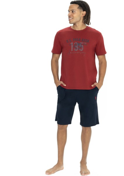 18884 Erkek Kısa Kollu Bisiklet Yaka Şortlu Pijama Takımı-Bordo