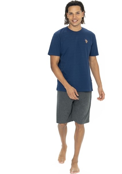 18881 Erkek Kısa Kollu Bisiklet Yaka Şortlu Pijama Takımı-Lacivert