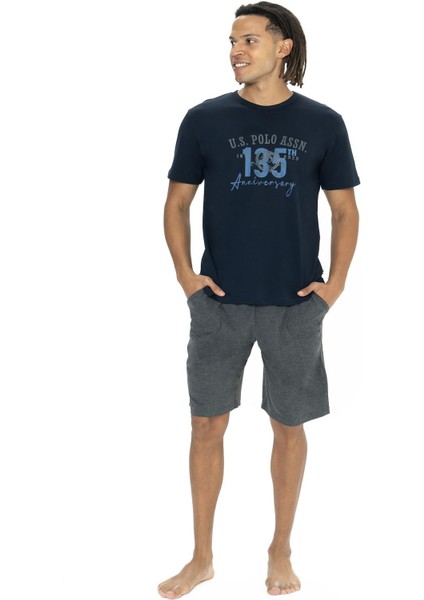 18884 Erkek Kısa Kollu Bisiklet Yaka Şortlu Pijama Takımı-Lacivert