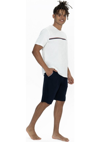 18865 Erkek Kısa Kollu Bisiklet Yaka Şortlu Pijama Takımı-Ekru
