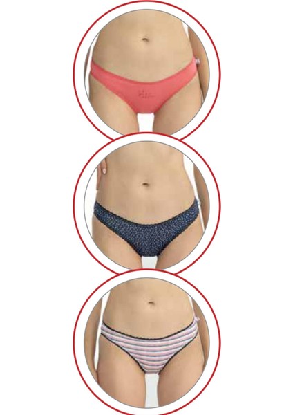 66432 Kadın Karışık Desen Pamuklu 3'lü Slip Külot-Mercan