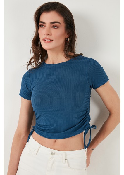 Yanlardan Büzgülü Kısa Kollu Crop Bluz Bayan Bluz 5864010 indirimleri