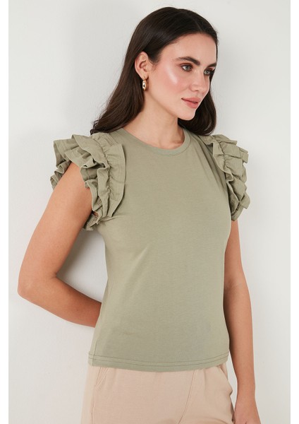 Pamuklu Kolları Fırfırlı Slim Fit Bisiklet Yaka T Shirt Bayan T Shirt 5864500 fiyatları