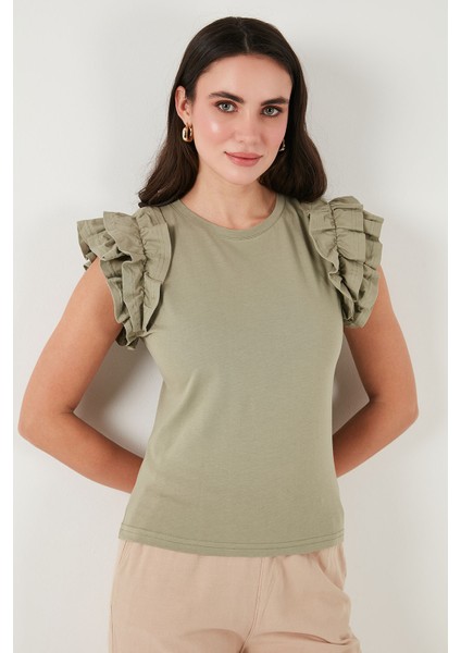 Pamuklu Kolları Fırfırlı Slim Fit Bisiklet Yaka T Shirt Bayan T Shirt 5864500 fırsatları